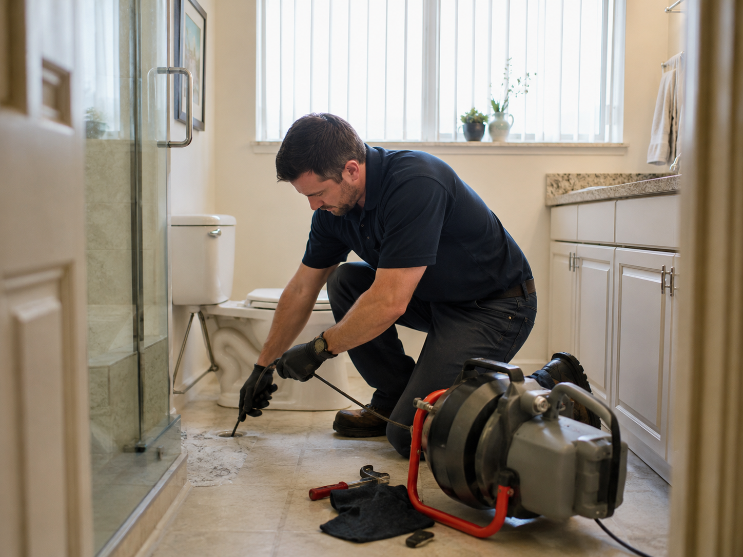 Plumber diagnosing a condo drain backup in Pembroke Pines
